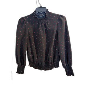 Sanctuary Smocked Mock Neck Blouse - Black & Red Dash Print - Size M